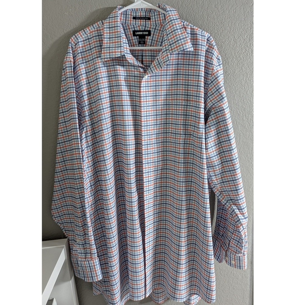 Lands' End Supima No Iron Oxford Shirt Blue & Orange Plaid Men's 17.5 36 Tall
